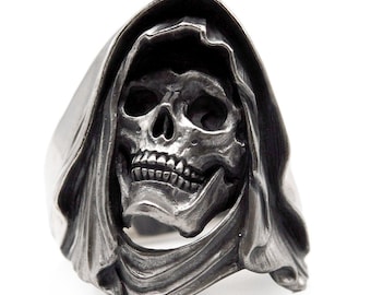 Sterling Silver Grim Reaper Skull Ring, Gothic Biker Jewelry