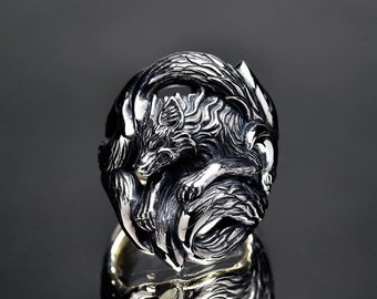 Handmade 925 Sterling Silver Wolf Ring, Biker Jewelry
