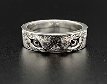 925 Silver Owl Eye ring, Unisex Jewelry, Owl Eye Silver Ring Band, Engraved Owl Eye Ring, Animal Jewelry, Unique Design Ring, Gift for him