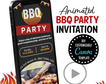 Plantilla de fiesta de barbacoa invitación telefónica barbacoa invitación animada fiesta de verano invitación invitación electrónica, barbacoa de invitación de sms de barbacoa de teléfono inteligente