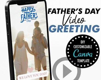 Puede incluir: La pantalla de un teléfono inteligente muestra una plantilla de video para el Día del Padre. El video presenta a una familia de tres personas caminando por una playa con el texto "Feliz Día del Padre" y "¡Te queremos papá!" La plantilla es personalizable con Canva.