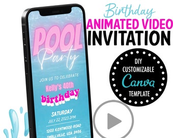 Pool Party video-uitnodiging neon zomer evite verjaardag iphone uitnodiging pool party uitnodiging Elektronische uitnodiging, smartphone, pool party sms
