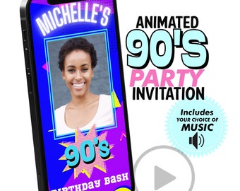 Invitación en vídeo de los 90 invitación textable a la fiesta en casa Invitación electrónica, teléfono inteligente Evite los 90 Invitación de cumpleaños Tema de los 90 imprimible