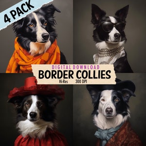 Peut inclure: Téléchargement numérique de quatre images représentant des border collies habillés de différentes tenues. Les collies portent un chapeau rouge, une écharpe, des lunettes de soleil et un nœud papillon. Les images sont en haute résolution et 300 DPI.