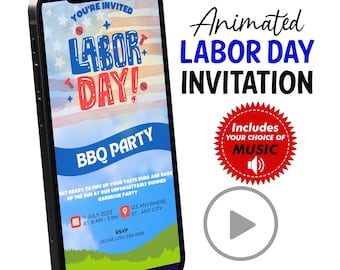 Plantilla de barbacoa del Día del Trabajo, invitación roja, blanca y azul, invitación Canva a la celebración 2023, invitación a la fiesta del 4 de julio a finales del verano