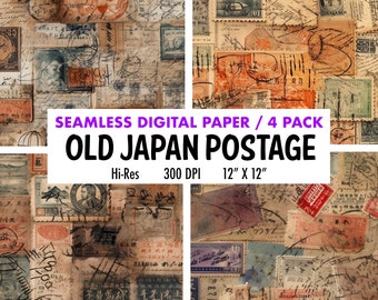 Paquete de papel digital de letras y números asiáticos, papel de collage, papel digital japonés, paquete de papel digital vintage, franqueo de Grunge de Scrapbook