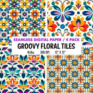 May include: A set of four digital paper designs featuring groovy floral tile patterns in a retro style. The patterns include bright colors like yellow, orange, red, blue, and green. Each design is 12 inches by 12 inches and 300 DPI.