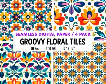 Azulejo floral Groovy Pastels Papel digital Fondo retro imprimible Papel de Scrapbook Patrón sin costuras DIY Arte Floral Sublimación 4 Diseños