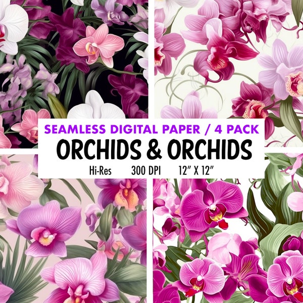 Orchid Digital Paper Botanical Watercolor Flower Backgrounds  SEAMLESS  Commercial Use - Floral Sublimation, Dendrobium Orchids seeamless