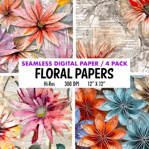 Può includere: Un pacchetto di carta digitale con quattro motivi floreali. I motivi presentano fiori realizzati in carta, su uno sfondo di giornale vintage. Il testo sull'immagine recita "Seamless Digital Paper / 4 Pack Floral Papers Hi-Res 300 DPI 12" X 12""