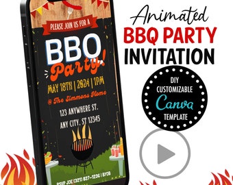 Plantilla de fiesta de barbacoa invitación telefónica barbacoa invitación animada fiesta de verano invitación invitación electrónica, barbacoa de invitación de sms de barbacoa de teléfono inteligente