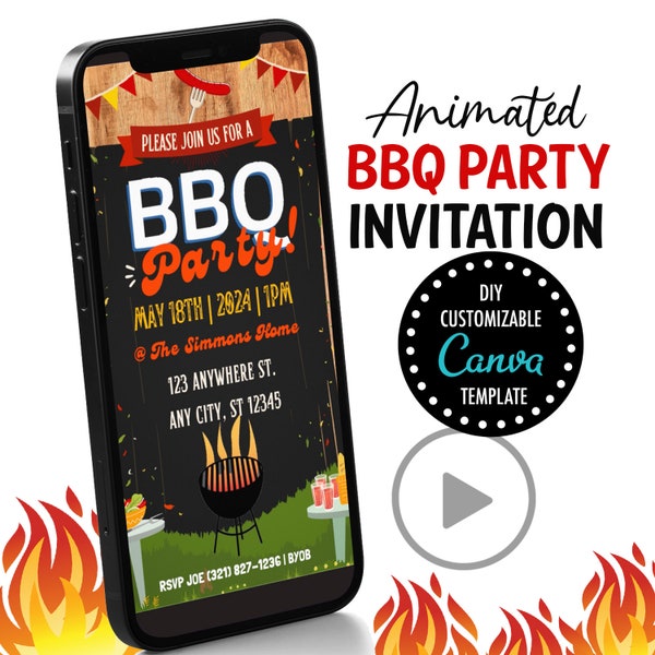 BBQ party template phone invite bbq Animated  invitation summer party Invitation Electronic Invite, smartphone bbq sms invitation barbecue