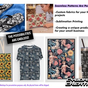 K&ouml;nnte beinhalten: Eine Sammlung verschiedener Produkte mit verschiedenen nahtlosen Mustern. Die Muster umfassen Sonnenblumen, Sterne und ein Blumenmuster mit Frauenfiguren. Die Produkte umfassen eine Tragetasche, ein T-Shirt, einen Leinwanddruck und einen Becher. Der Text "The possibilities are endless!" wird in einem schwarzen Feld angezeigt. Der Text "Seamless Patterns Are Perfect For:" wird in einem violetten Feld angezeigt. Der Text "Custom fabrics for your hand-made projects", "Sublimation Printing", und "Creating a unique product for your small business" wird unter dem violetten Feld angezeigt. Der Text "CYBORG CREATIVE" wird in einem schwarzen Feld am unteren Rand des Bildes angezeigt. Der Text "Mockups for presentation purposes only. No physical items will be shipped." wird in einem violetten Feld am unteren Rand des Bildes angezeigt.