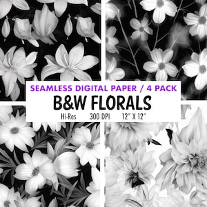 Floral Paper | Black And White | Floral Seamless Pattern | Digital Patterns | Digital Download | Botanical Paper | Digital Print Florals