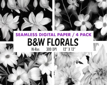 Floral Paper | Black And White | Floral Seamless Pattern | Digital Patterns | Digital Download | Botanical Paper | Digital Print Florals