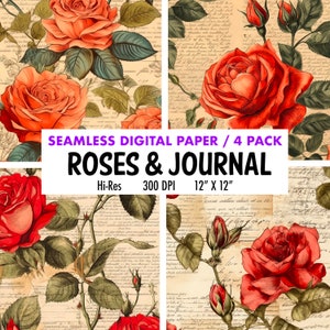 Può includere: Un pacchetto di carta digitale con quattro motivi senza cuciture che presentano rose rosse e pagine di diario vintage. I motivi sono di 30,5 cm per 30,5 cm e 300 DPI.