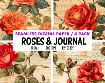Roses Flowers Digital Paper Junk Journal Paper Pack Printable Patterns Rose Digital Paper Printable Collage Sheet Commercial Use Shabby Chic