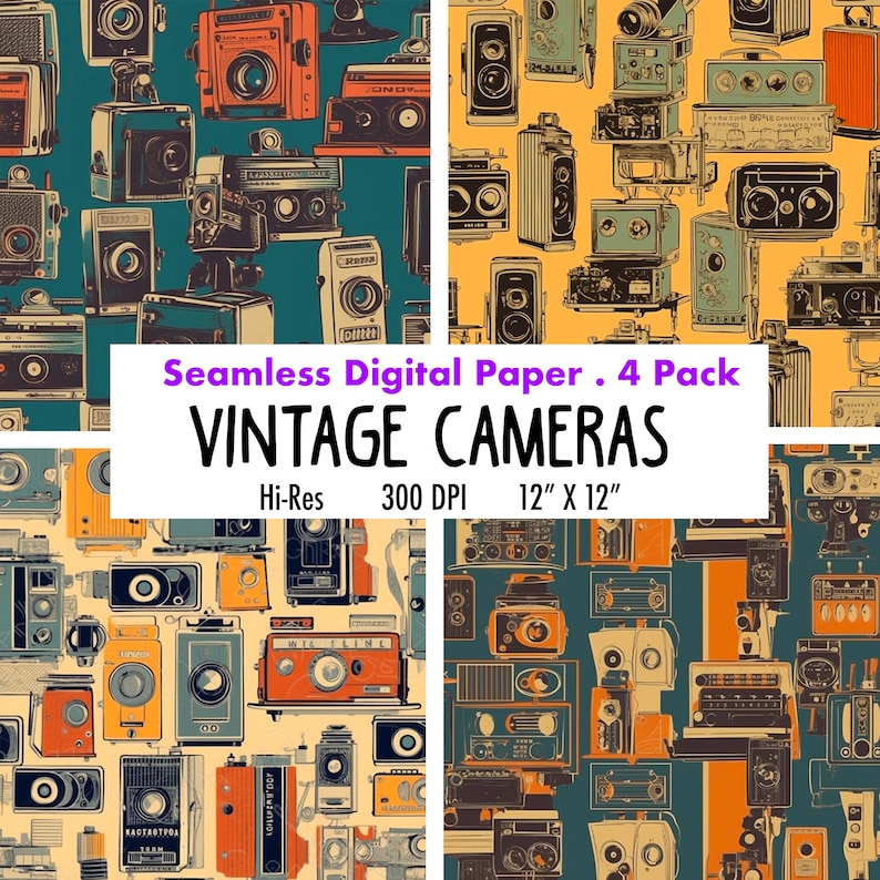 K&ouml;nnte beinhalten: Ein digitales Papierpaket mit vier nahtlosen Mustern von Vintage-Kameras in verschiedenen Stilen und Farben. Die Muster sind auf einem blaugr&uuml;nen und beigefarbenen Hintergrund angeordnet. Der Text "Seamless Digital Paper. 4 Pack Vintage Cameras Hi-Res 300 DPI 12" X 12" " ist in Lila dargestellt.