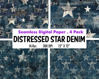 Distressed Denim Texture Digital Paper Pack, Rock star digital paper, Denim Digital Scrapbook Paper, Denim Scrapbooking Paper 12x12 4 Pack