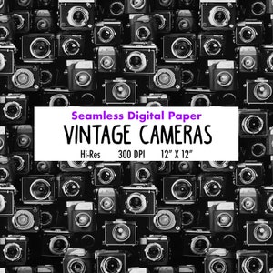 May include: A seamless digital paper pattern featuring a close-up of vintage cameras in black and white. The pattern is 12 inches by 12 inches and 300 DPI.