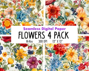Papel digital Spring Floral Medley - Botánico, Fondos de flores de acuarela 12x12in - Uso comercial - Sublimación floral, FLoral digital