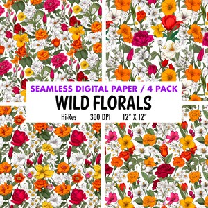 Spring Floral Medley Digital Paper - Botanical, Watercolor Flower Backgrounds  12x12in - Commercial Use - Floral Sublimation, Digital Floral