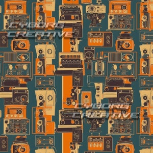 K&ouml;nnte beinhalten: Ein nahtloses Muster mit verschiedenen Vintage-Radios und anderen elektronischen Ger&auml;ten in Orange-, Braun- und Cremet&ouml;nen vor einem t&uuml;rkisfarbenen Hintergrund.