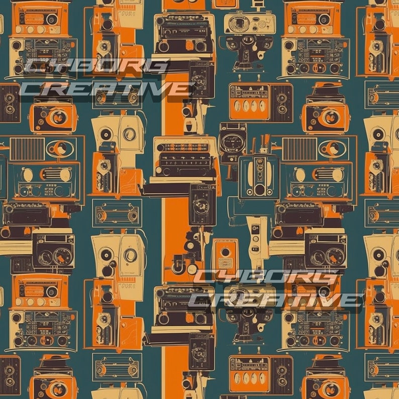 K&ouml;nnte beinhalten: Ein nahtloses Muster mit verschiedenen Vintage-Radios und anderen elektronischen Ger&auml;ten in Orange-, Braun- und Cremet&ouml;nen vor einem t&uuml;rkisfarbenen Hintergrund.