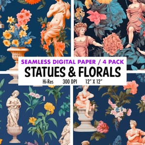Statuen mit Blumen Frühling Floral Medley digitales Papier botanische Aquarell Blumen Hintergründe 12x12in kommerzielle Nutzung Floral Sublimation,