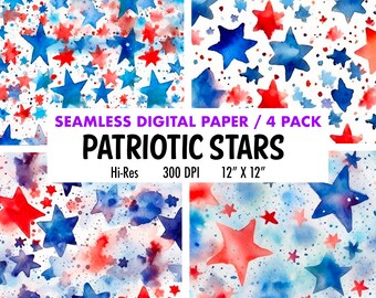Patriot Red White Blue Stars Watercolor Digital Paper patriotic watercolor texture USA stars download seamless scrapbook paper commercial us