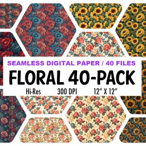 40 Floral Digital Papers, Commercial Use Instant Download Flower Digital Paper Pack, Watercolor Paper Planner Papers, Rose Floral Seamless