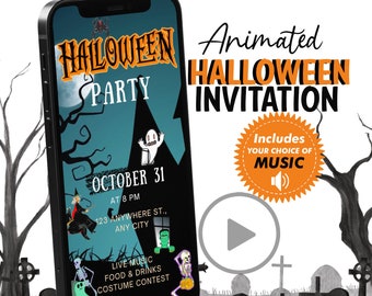 Invitación de Halloween Fiesta de Halloween digital Evite Invitación espeluznante Esqueleto digital animado Fiesta de disfraces Invitación Calabaza DIY evite