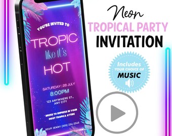 Invitación de fiesta tropical invitación por teléfono Invitación de fiesta temática tropical Invitación electrónica, teléfono inteligente Invitación de sms de neón Fiesta de adultos tropicales