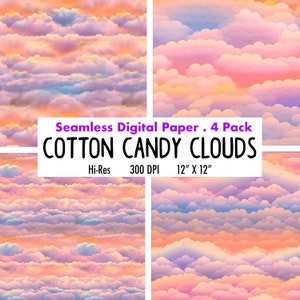 May include: Four seamless digital paper patterns featuring a cotton candy cloud design in pink, purple, and blue hues. The patterns are 12 inches by 12 inches and 300 DPI.
