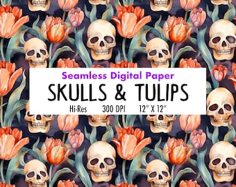 Papel digital de calaveras y flores, patrón sin costuras de calaveras, estampados florales, estampado de tulipanes, papel digital de primavera, libro de recuerdos, papel digital de rosas