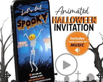 May include: Animated Halloween invitation on a smartphone screen with a skeleton dancing in front of a spooky forest background. The text says "Let's get spooky" and includes the date and time of the event. The invitation also includes a play button and a seal that says "Includes your choice of music".