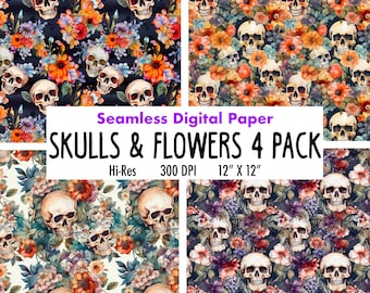 Patrón de calavera sin costuras, Uso comercial, Descarga digital botánica floral, Patrones de mosaico / Descarga instantánea Calaveras Flores Textiles