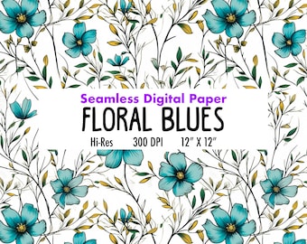 Blue Flowers Digital Paper, Florals Seamless Pattern, Floral Prints, Commercial Use, Spring Digital Paper, Scrapbook, Roses Digital Paper,