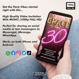 May include: A pink and gold digital invitation for a 30th birthday party. The invitation features the name "Grace" in gold letters and the number "30" in pink neon lights. The text "Let's Party" is written in white letters above the name. The invitation also includes the date, time, and location of the party.