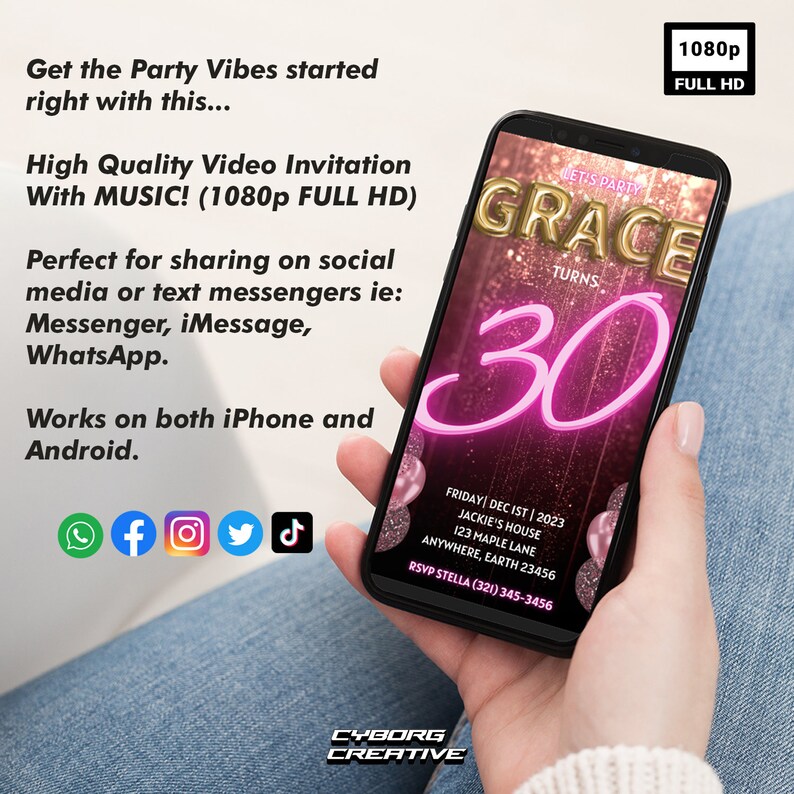 May include: A pink and gold digital invitation for a 30th birthday party. The invitation features the name "Grace" in gold letters and the number "30" in pink neon lights. The text "Let's Party" is written in white letters above the name. The invitation also includes the date, time, and location of the party.