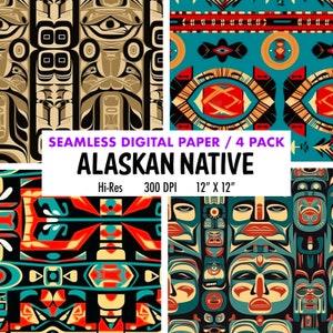 May include: A digital paper pack featuring four seamless patterns inspired by Alaskan Native art. The patterns are in vibrant colors, including red, blue, yellow, and black, and feature geometric shapes and stylized human faces. The text "SEAMLESS DIGITAL PAPER / 4 PACK ALASKAN NATIVE Hi-Res 300 DPI 12" X 12"" is displayed on the image.