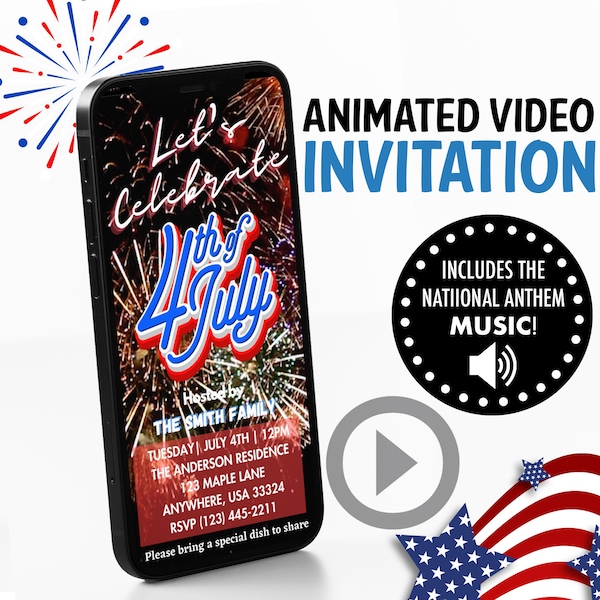 4th Of July Invitation Digital, 4th of July Evite ,4th of July Invitation Digital, Fireworks animated USA Invitation, 4th of July DIY evite