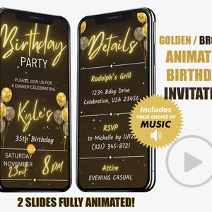Golden Digital Birthday Dinner Invitation Animated Video Dinner Party Invite In Black and Gold Brown Sms Canva Evite Send By Phone.
