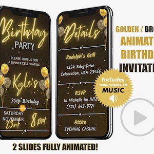 May include: A gold and brown animated birthday invitation with a play button and text that reads "Golden/Brown Animated Birthday Invitation". The invitation includes two slides, one with the text "Birthday Party" and the other with the text "Details".
