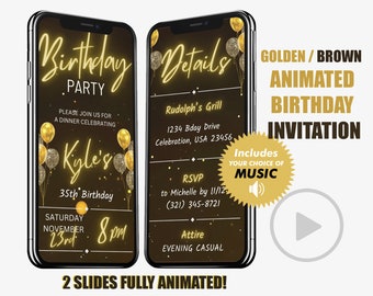 Golden Digital Birthday Dinner Invitation Animated Video Dinner Party Invite In Black and Gold Brown Sms Canva Evite Send By Phone.