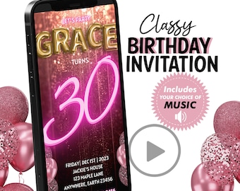 Custom Neon Pink Birthday Invitation – Personalized Digital File – Text Edited for You
