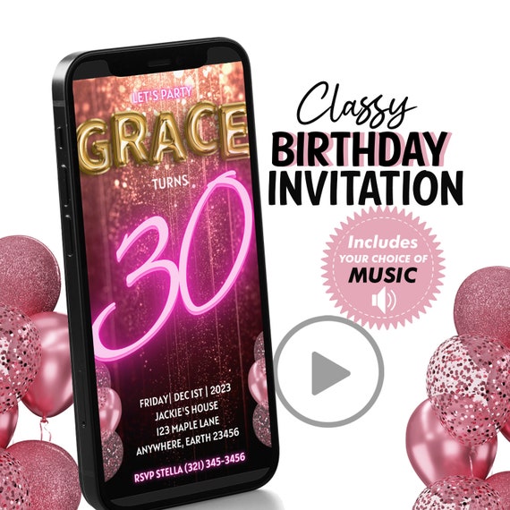 Custom Neon Pink Birthday Invitation – Personalized Digital File – Text Edited for You