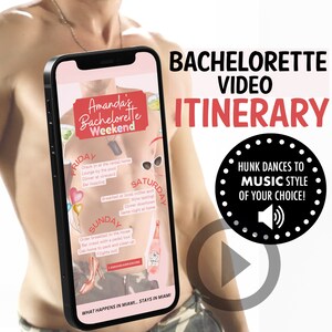 Może przedstawiać: Smartfon wyświetla plan weekendu panieńskiego z tekstem, w tym "Amanda's Bachelorette Weekend" i codziennymi zajęciami. Widoczny jest również przycisk odtwarzania i tekst "Hunk dances to music style of your choice!"