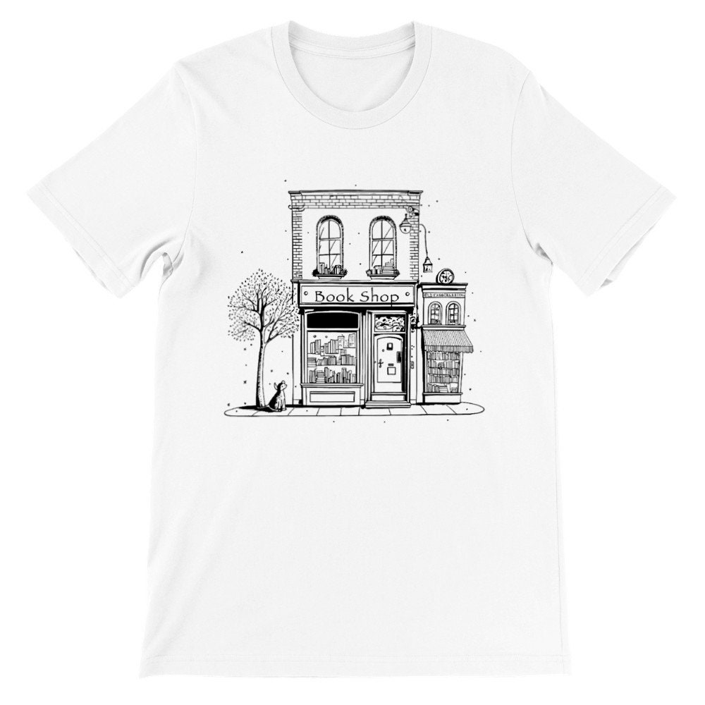 Discover Cute Book Shop Unisex T-Shirt, White, Orange or Black, With Autumn Tree and Dog, Magical