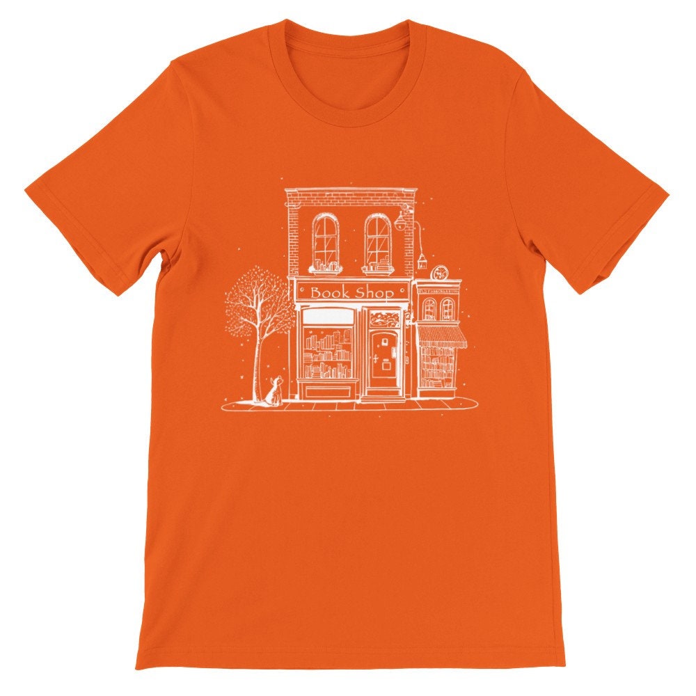 Discover Cute Book Shop Unisex T-Shirt, White, Orange or Black, With Autumn Tree and Dog, Magical